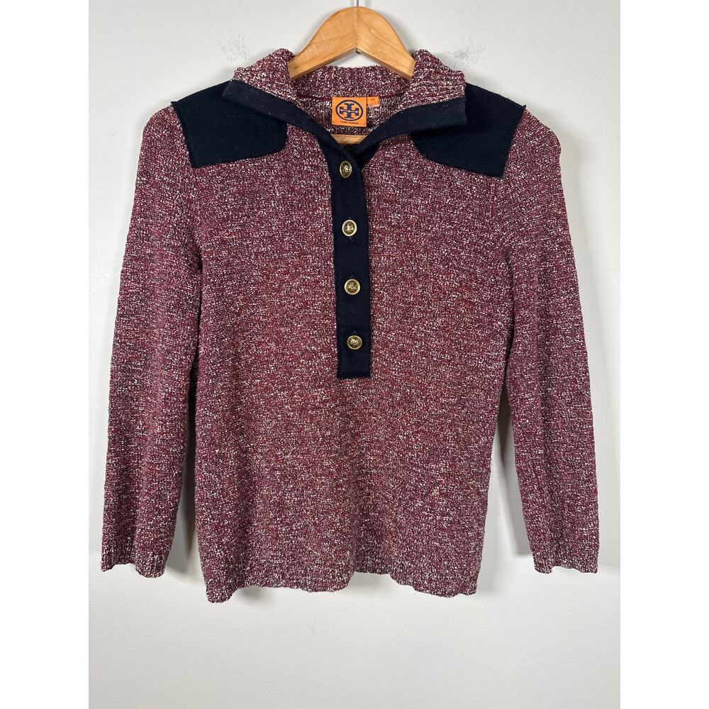 Tory Burch Sweater Popover Pullover Size XS Maroon Blue Tweed Mock Neck